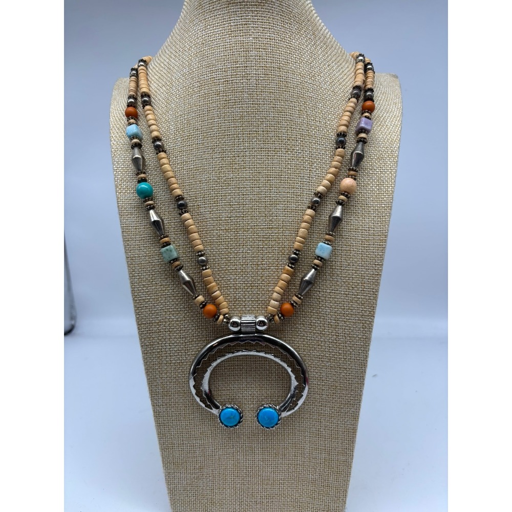 VTG Dauplaise Naja Pendant Necklace Tan Silver Beaded MultiStrand Southwestern